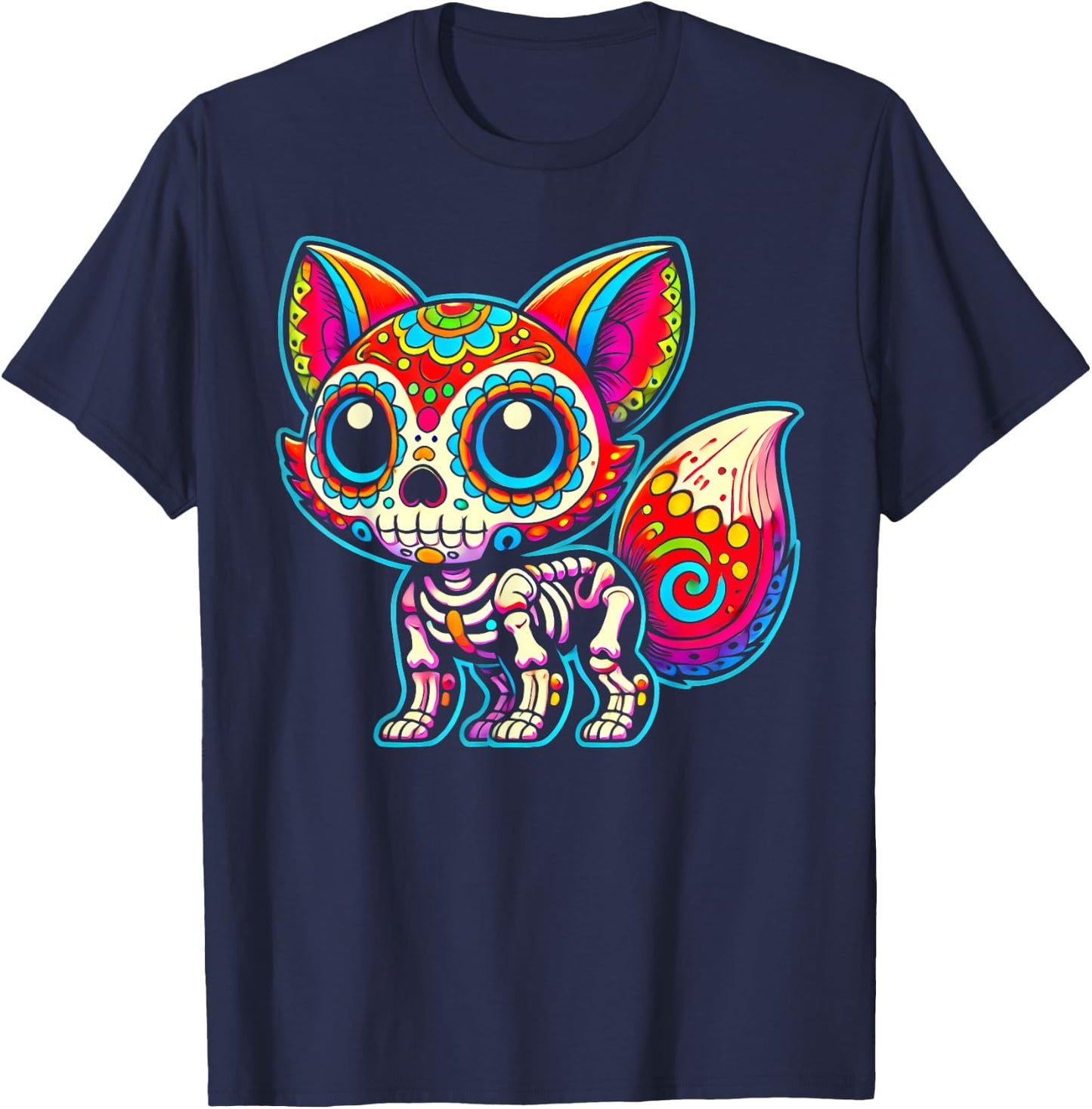 Colorful Sugar Skull Fox Day of the Dead Skeleton Art Lover T-Shirt - T-Shirt | Navy