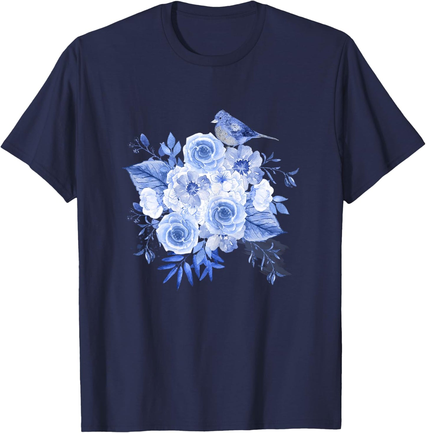 Blue flowers with bird floral design and Girl T-Shirt - T-Shirt | Navy