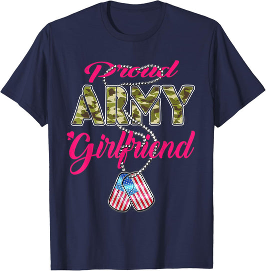 Proud Army Girlfriend US Flag Dog Tags Pride Military Lovers T-Shirt - T-Shirt | Navy
