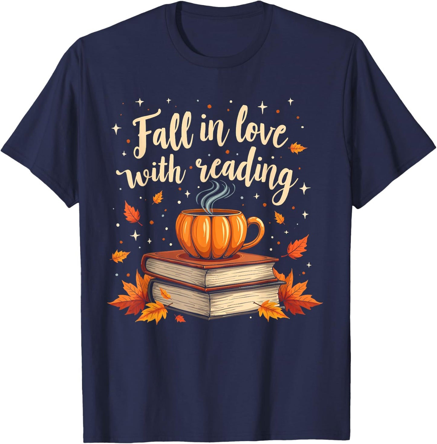 Fall In Love With Reading Book Autumn Pumpkins And Teachers T-Shirt - T-Shirt | Navy