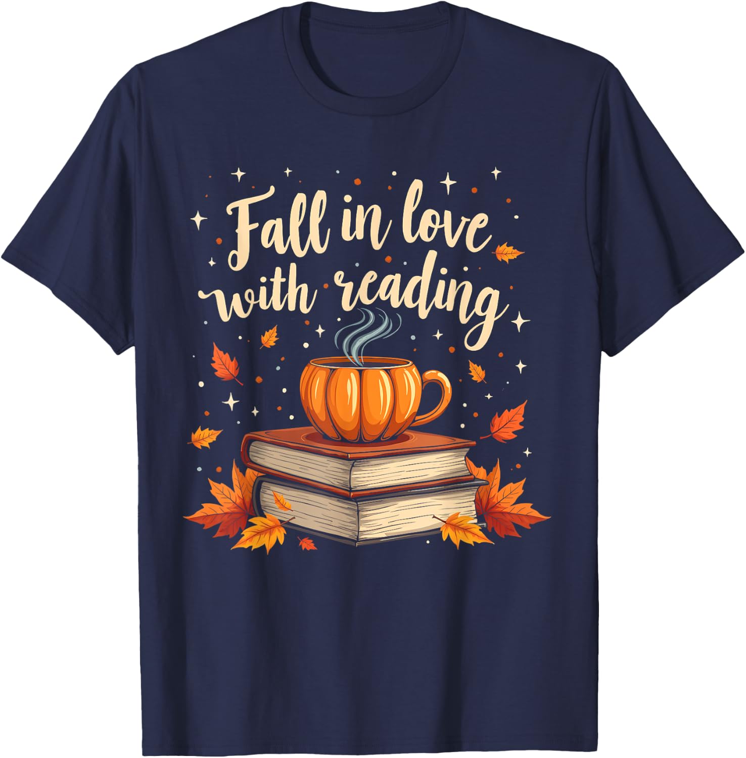 Fall In Love With Reading Book Autumn Pumpkins And Teachers T-Shirt - T-Shirt | Navy