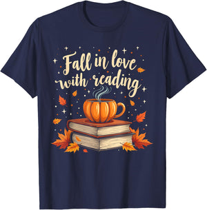 Fall In Love With Reading Book Autumn Pumpkins And Teachers T-Shirt - T-Shirt | Navy