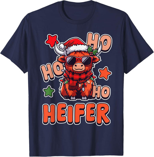 Ho Ho Ho Heifer Funny Christmas Highland Cow Holiday T-Shirt - T-Shirt | Navy