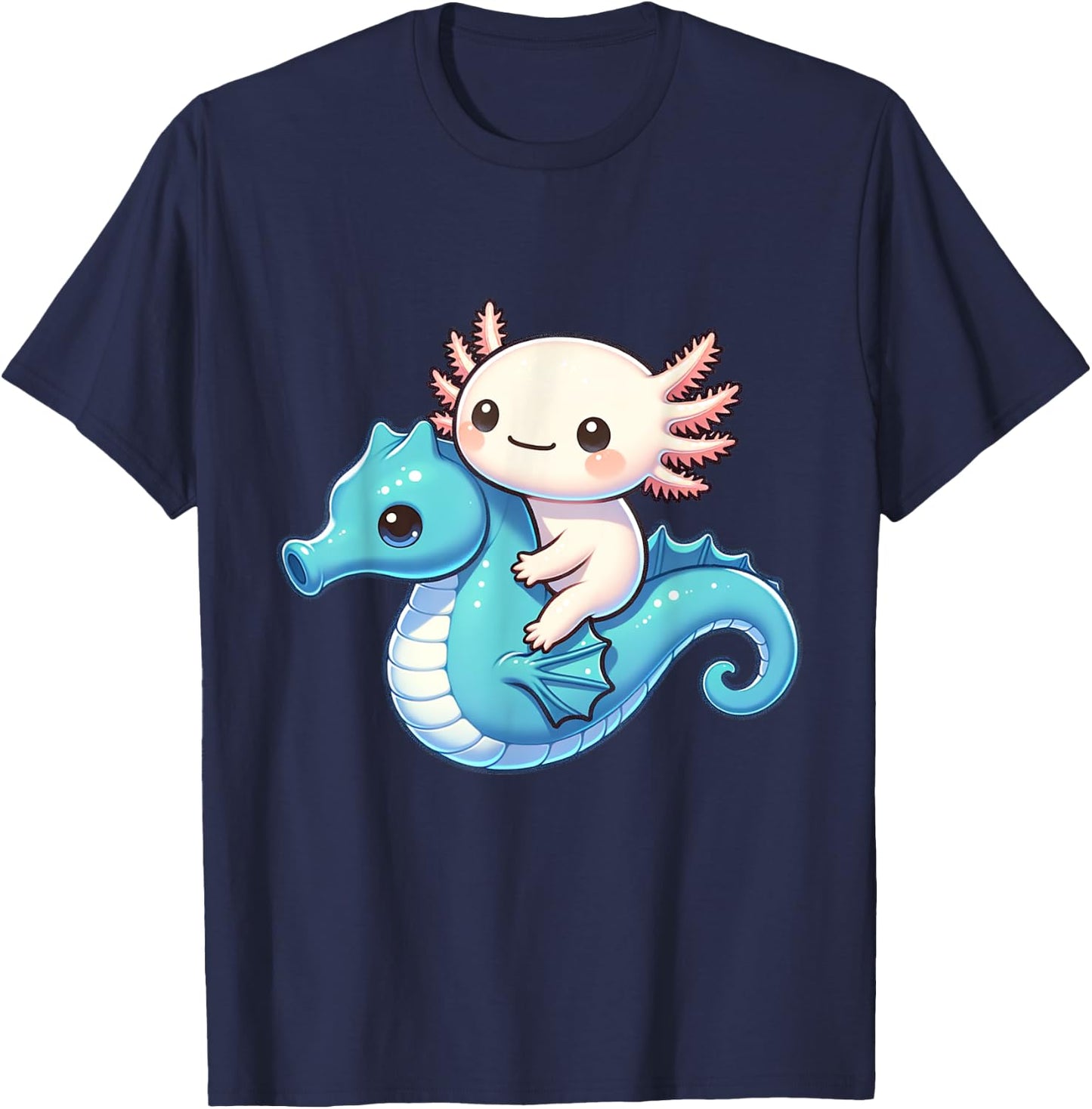 Cute Axolotl Riding A Seahorse. Funny Axolotls And Seahorses T-Shirt - T-Shirt | Navy