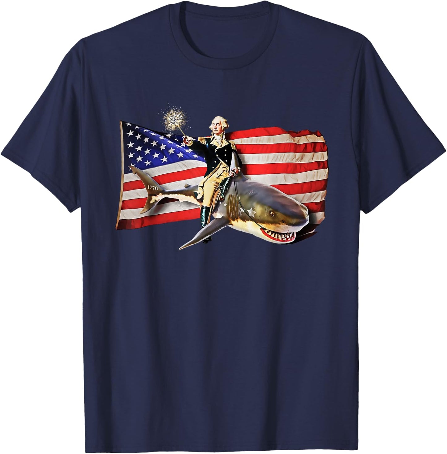 Washington Riding Shark Funny July 4th American Flag T-Shirt - T-Shirt | Navy
