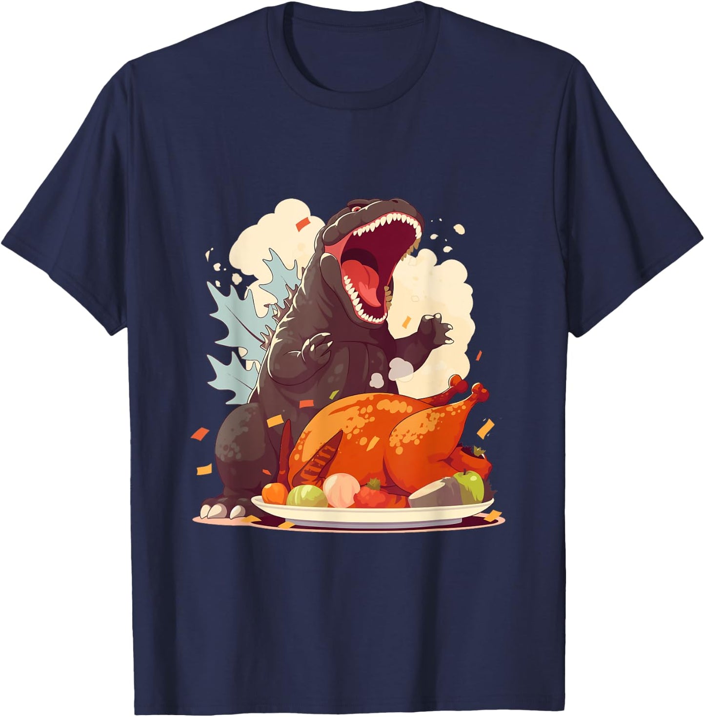 Kaiju Monsters Doing Everyday Things Hangry Kaiju Ready for Thanksgiving Turkey Feast -Adults T-Shirt - T-Shirt | Navy
