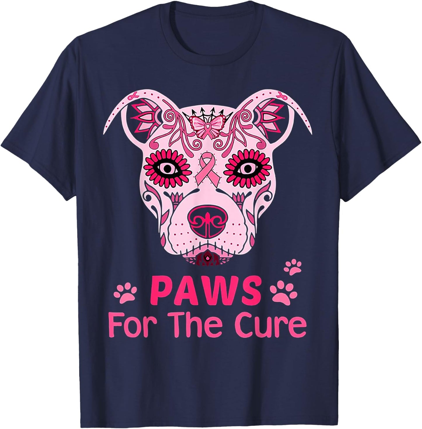 Paws For The Cure Pitbull Breast Cancer T-Shirt - T-Shirt | Navy
