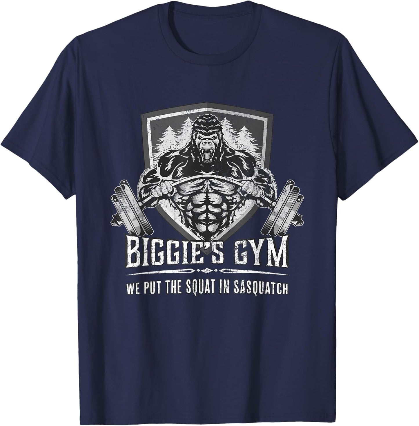 Workout Shirt - Biggie's Gym Puts Squat in Sasquatch T-Shirt - T-Shirt | Navy