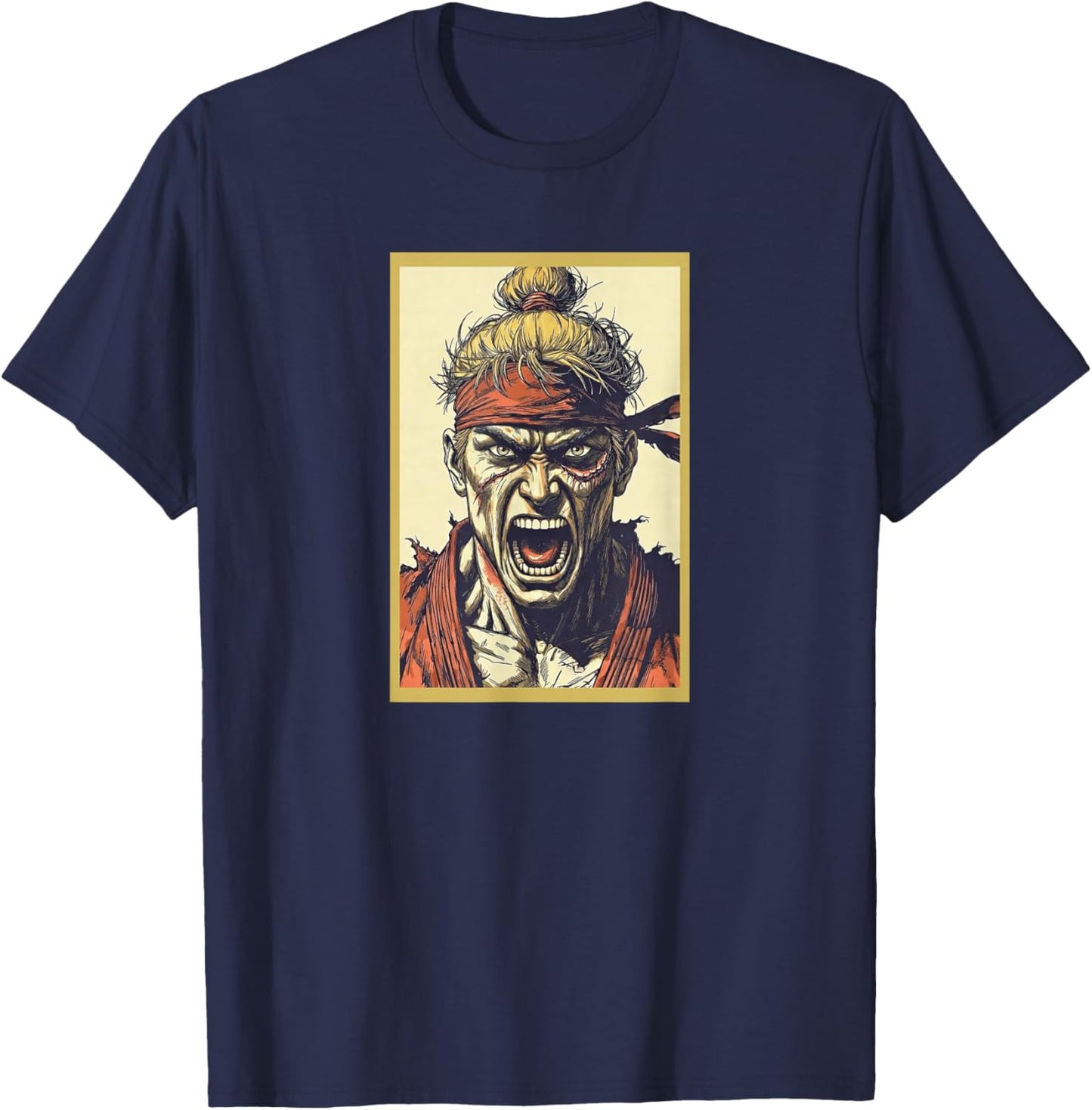 Hawk the Intense Manga Warrior | Top Knot & Scar Art T-Shirt - T-Shirt | Navy