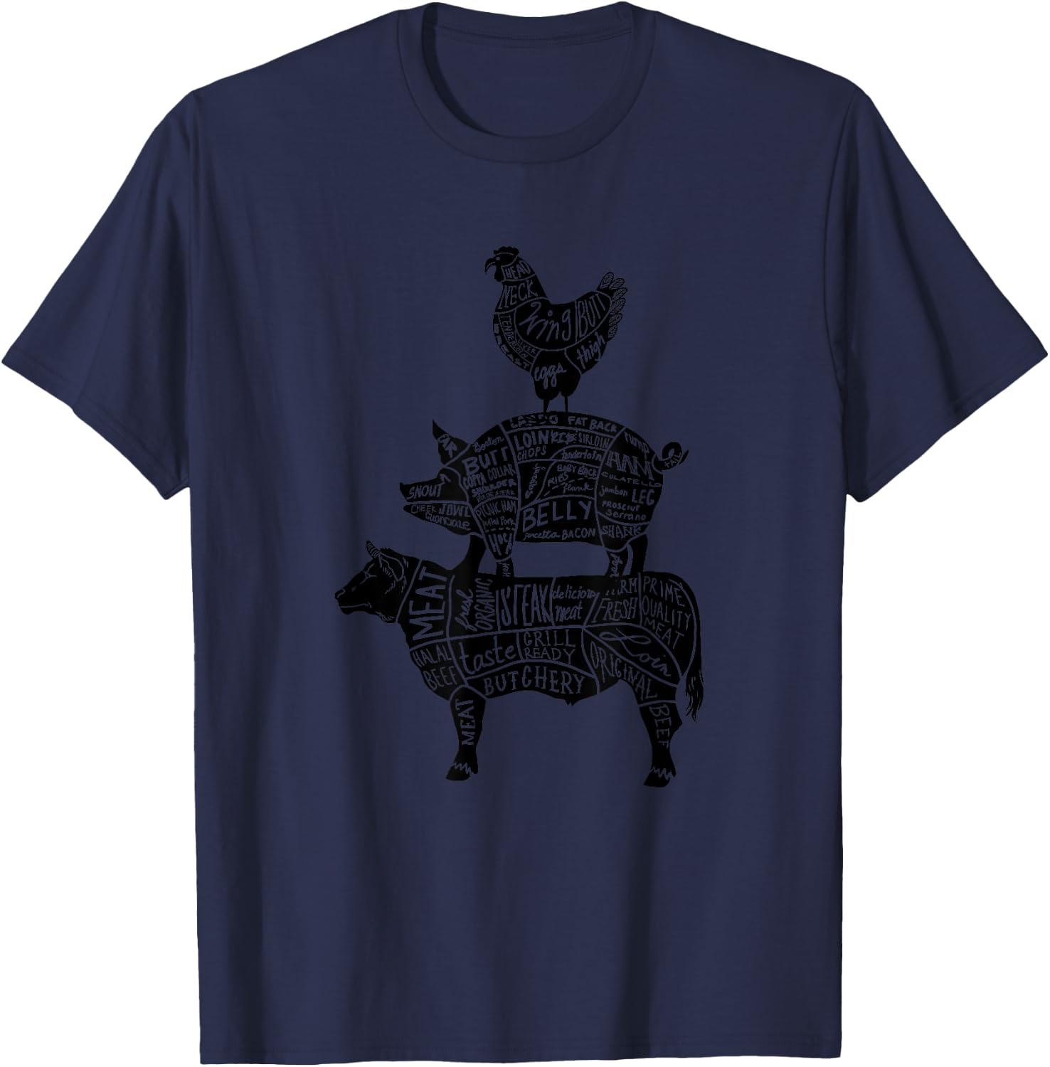 Cow Pig Chicken Parts Retro Beef Pork Poultry Meat Cuts Gift T-Shirt - T-Shirt | Navy