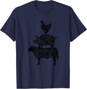 Cow Pig Chicken Parts Retro Beef Pork Poultry Meat Cuts Gift T-Shirt - T-Shirt | Navy