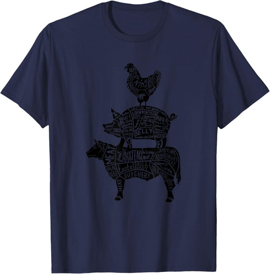 Cow Pig Chicken Parts Retro Beef Pork Poultry Meat Cuts Gift T-Shirt - T-Shirt | Navy