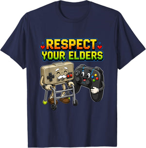 Respect Your Elders Funny Retro Gamer Controller Gift T-Shirt - T-Shirt | Navy
