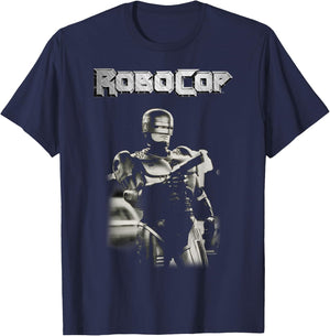 Robocop Black and White Action Pose Logo Poster T-Shirt - T-Shirt | Navy