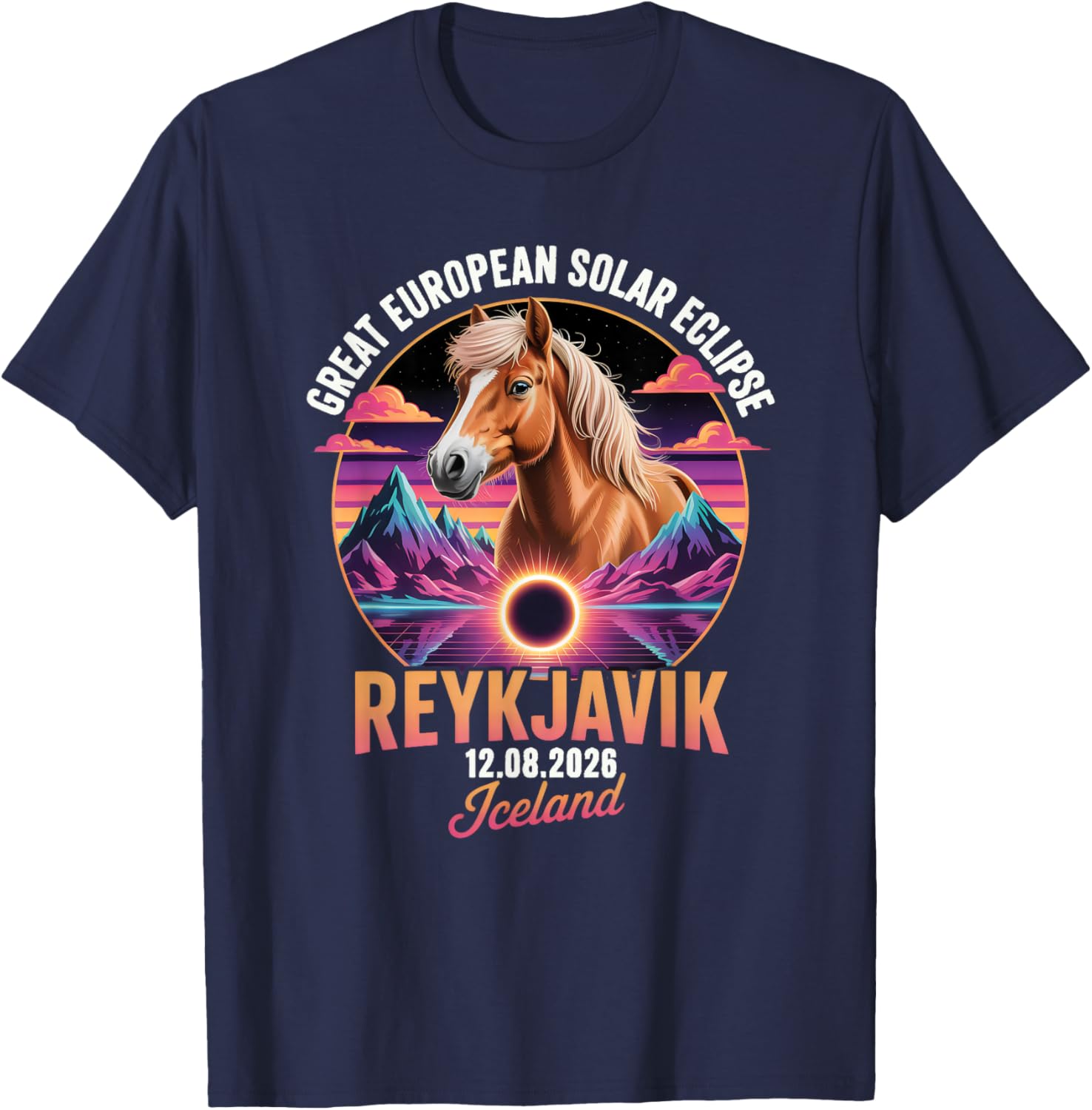 Reykjavik Solar Eclipse 2026 Iceland Horse Retro Design T-Shirt - T-Shirt | Navy
