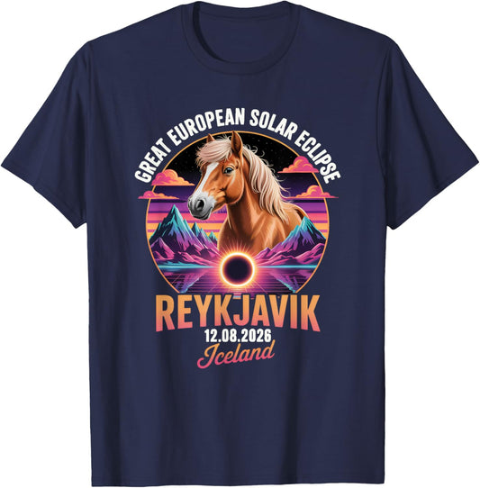 Reykjavik Solar Eclipse 2026 Iceland Horse Retro Design T-Shirt - T-Shirt | Navy