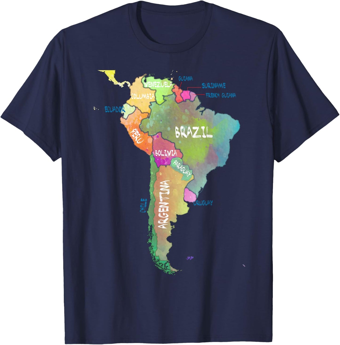 Watercolour map of South America Brazil Argentina T-Shirt - T-Shirt | Navy
