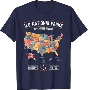 US National Parks Map Preserve Protect Hiking Camping Gift T-Shirt - T-Shirt | Navy