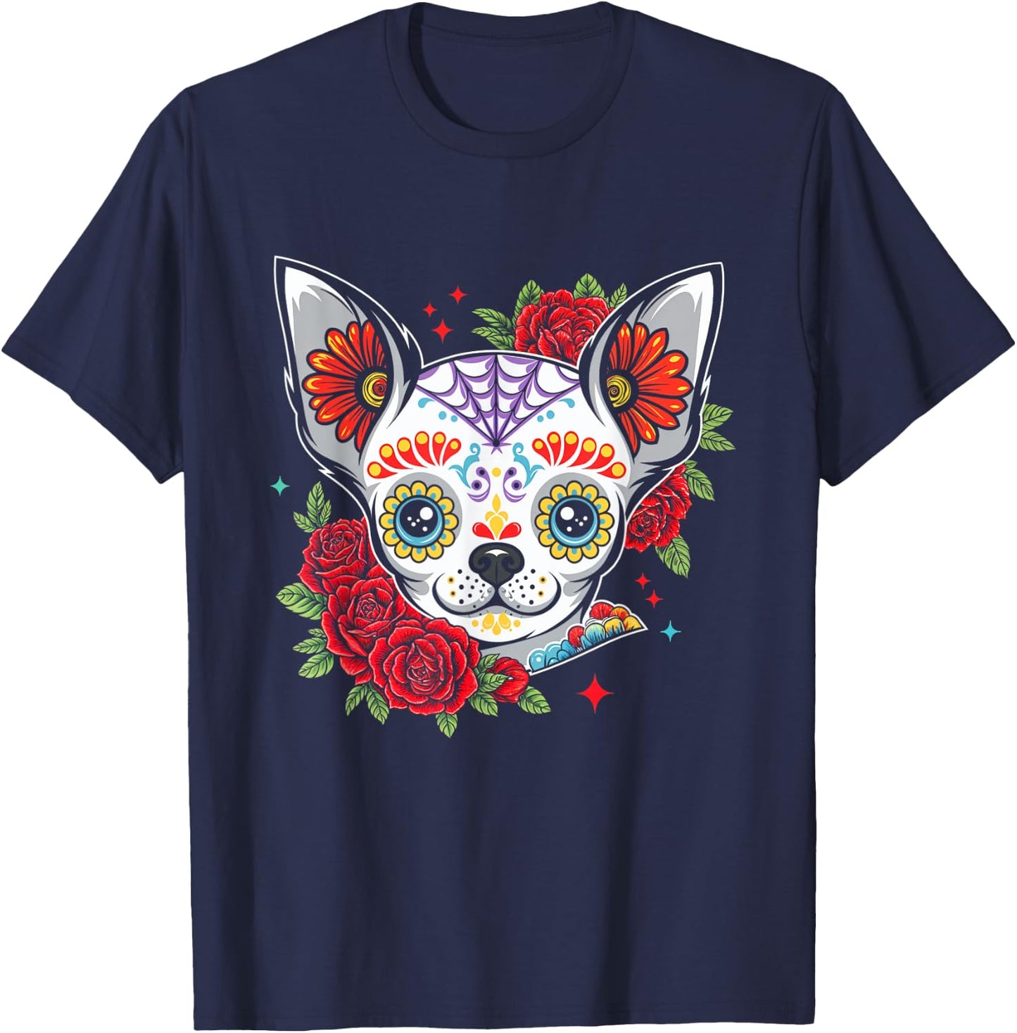 Chihuahua Floral Sugar Skull Dog T-Shirt - T-Shirt | Navy