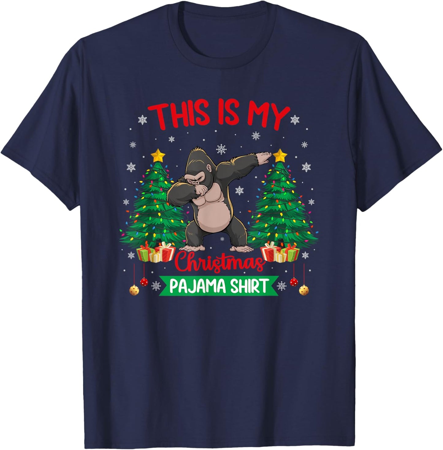 Dabbing Gorilla Christmas Tree Lights Matching Pajamas T-Shirt - T-Shirt | Navy