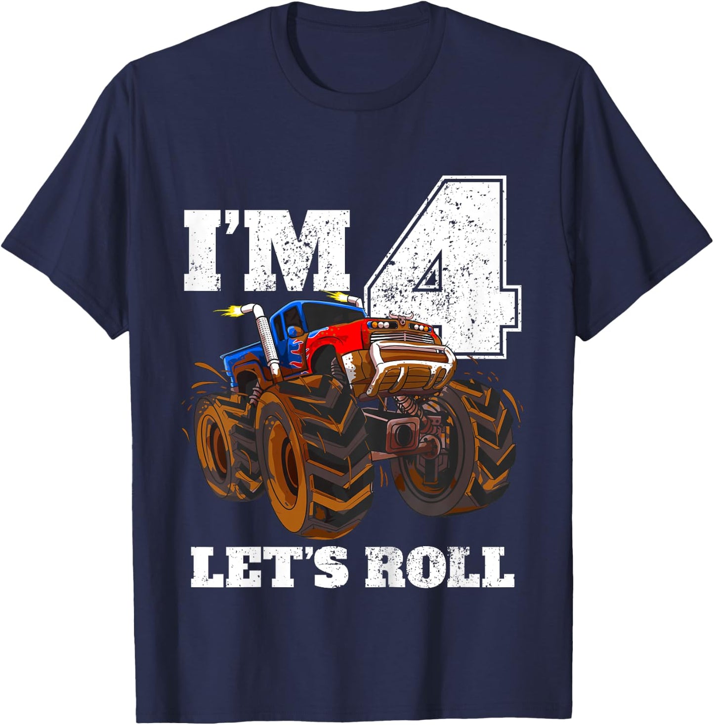 Kids Monster Truck 4th Birthday Boy 4 Four Year Old T-Shirt - T-Shirt | Navy