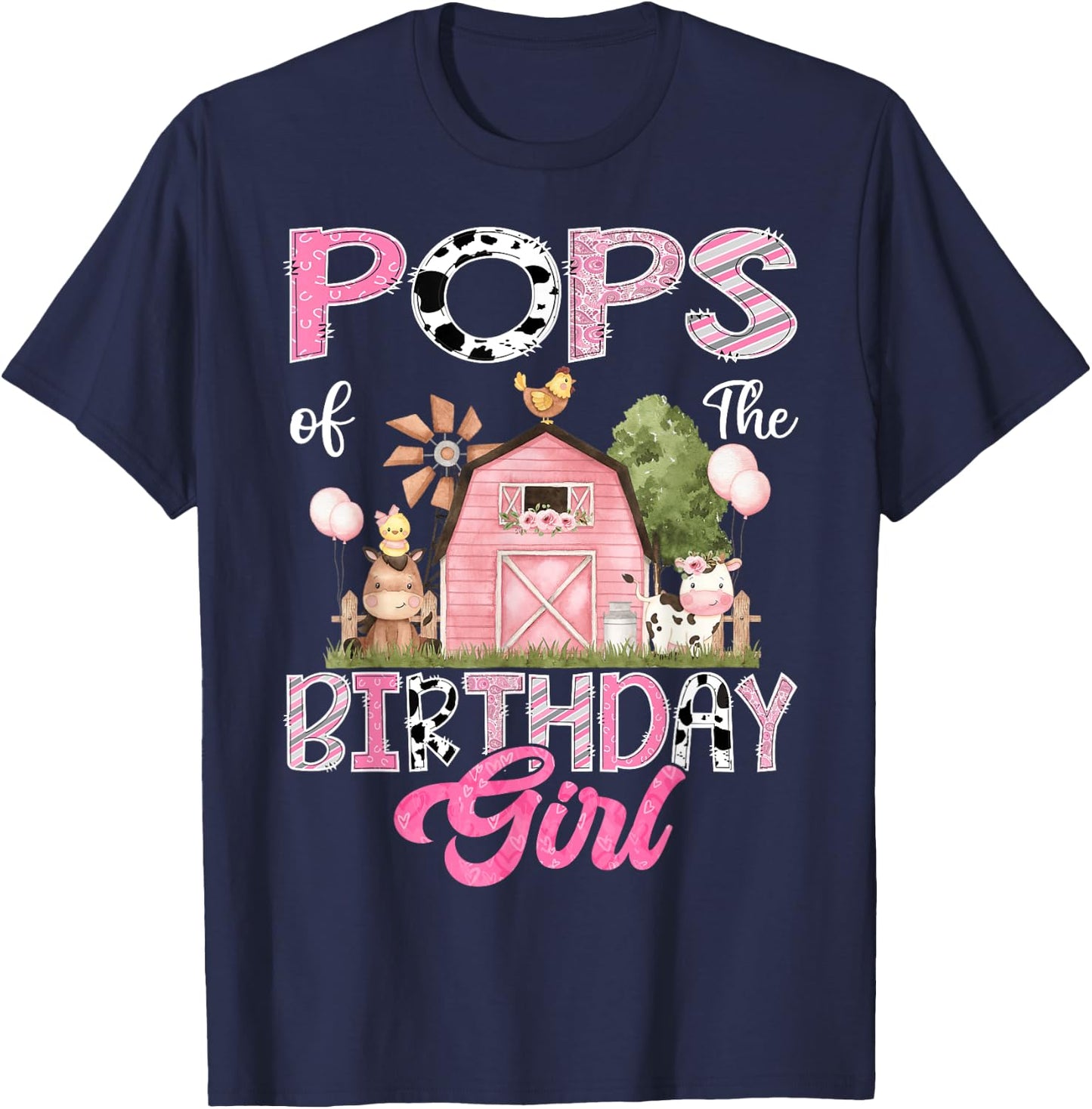 Pops Of The Birthday Girl Farm Cow Pink 1St Birthday T-Shirt - T-Shirt | Navy