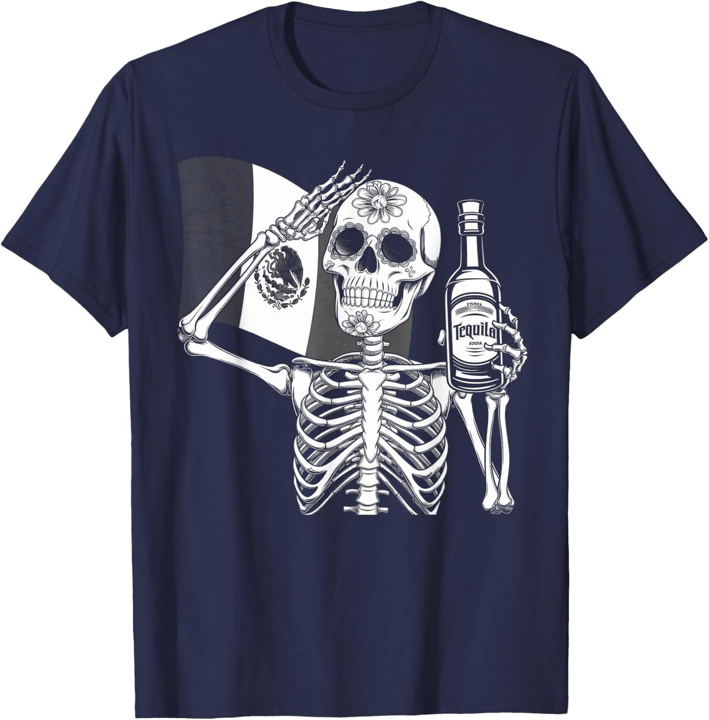 Mexico Vintage Skeleton Tequila Dia De Los Muertos Mexican T-Shirt - T-Shirt | Navy