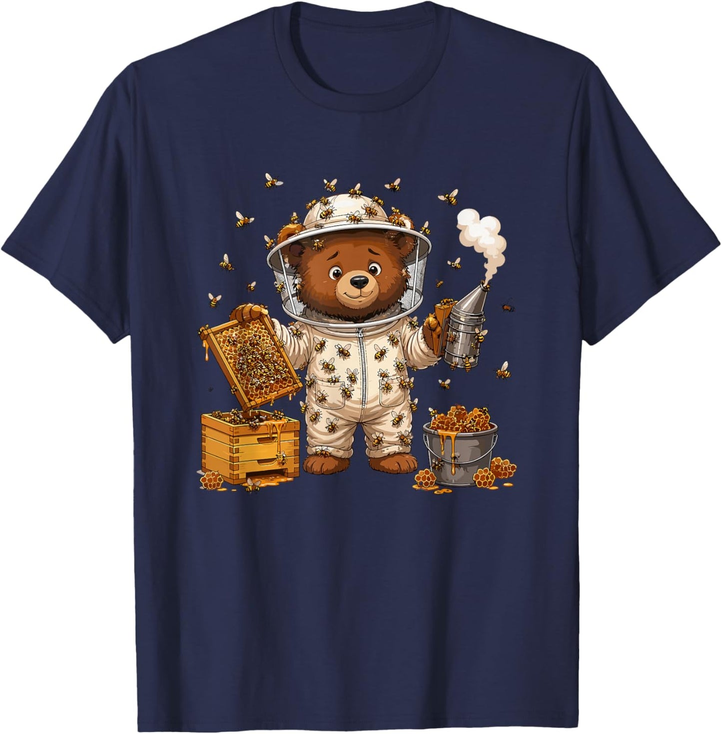 Funny Beekeeper Bear with Honey Bees and Hive T-Shirt - T-Shirt | Navy