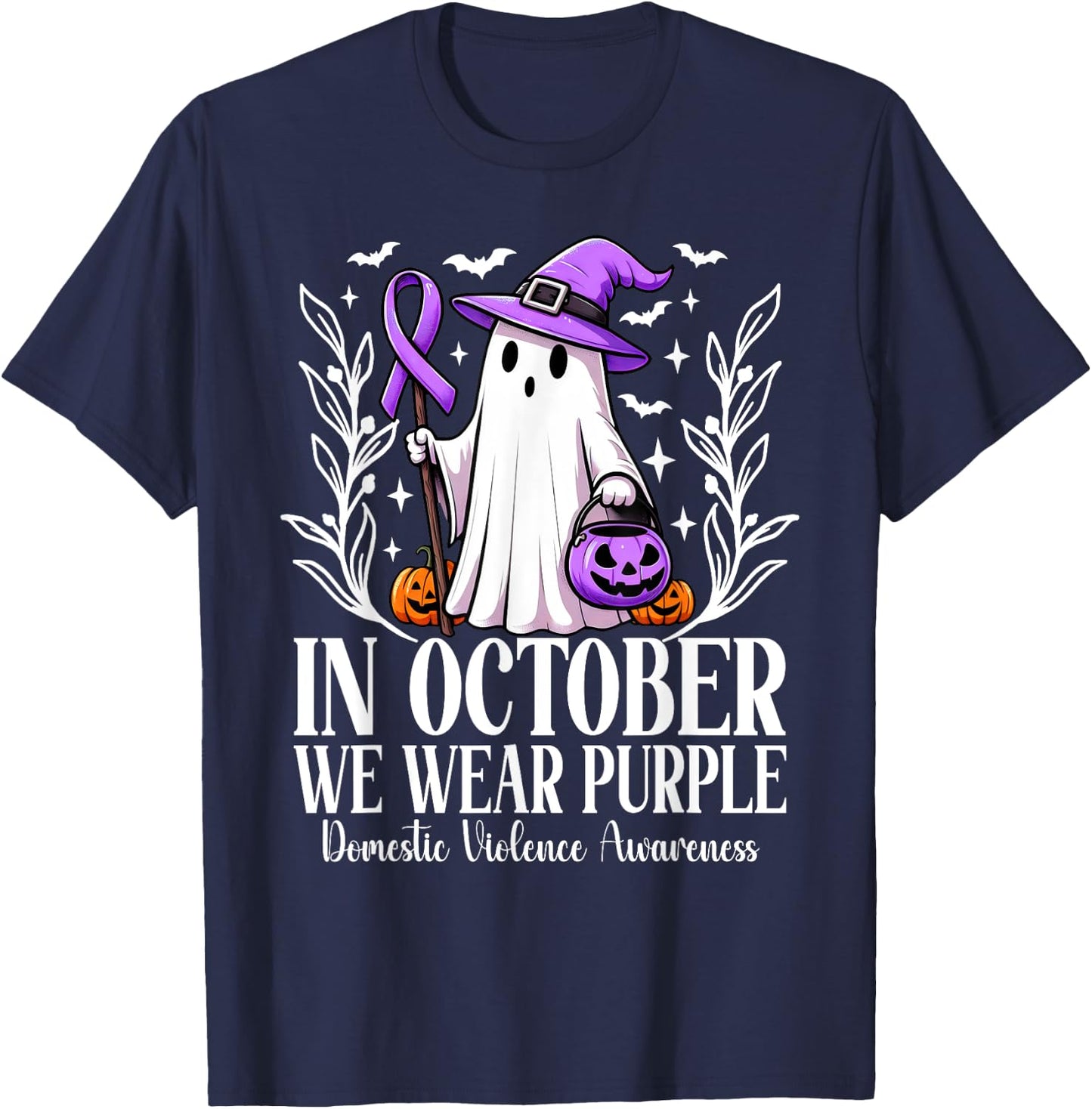 In October We Wear Purple Domestic Violence Ghost Halloween T-Shirt - T-Shirt | Navy