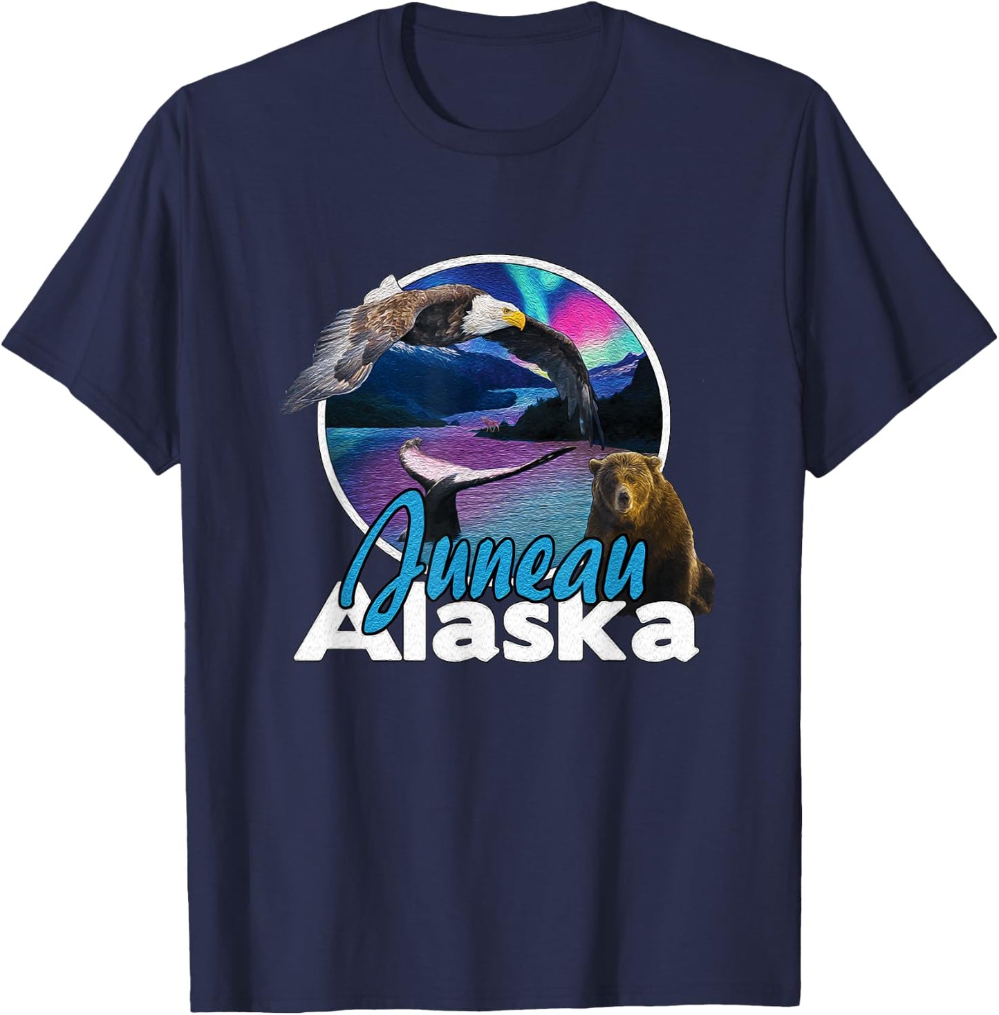 Juneau Alaska Aurora Borealis Eagle Bear Whale Souvenir T-Shirt - T-Shirt | Navy