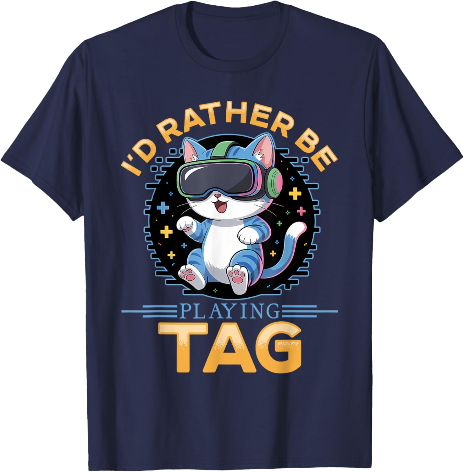 Gaming Cat VR Gamer Men Women Kids T-Shirt - T-Shirt | Navy