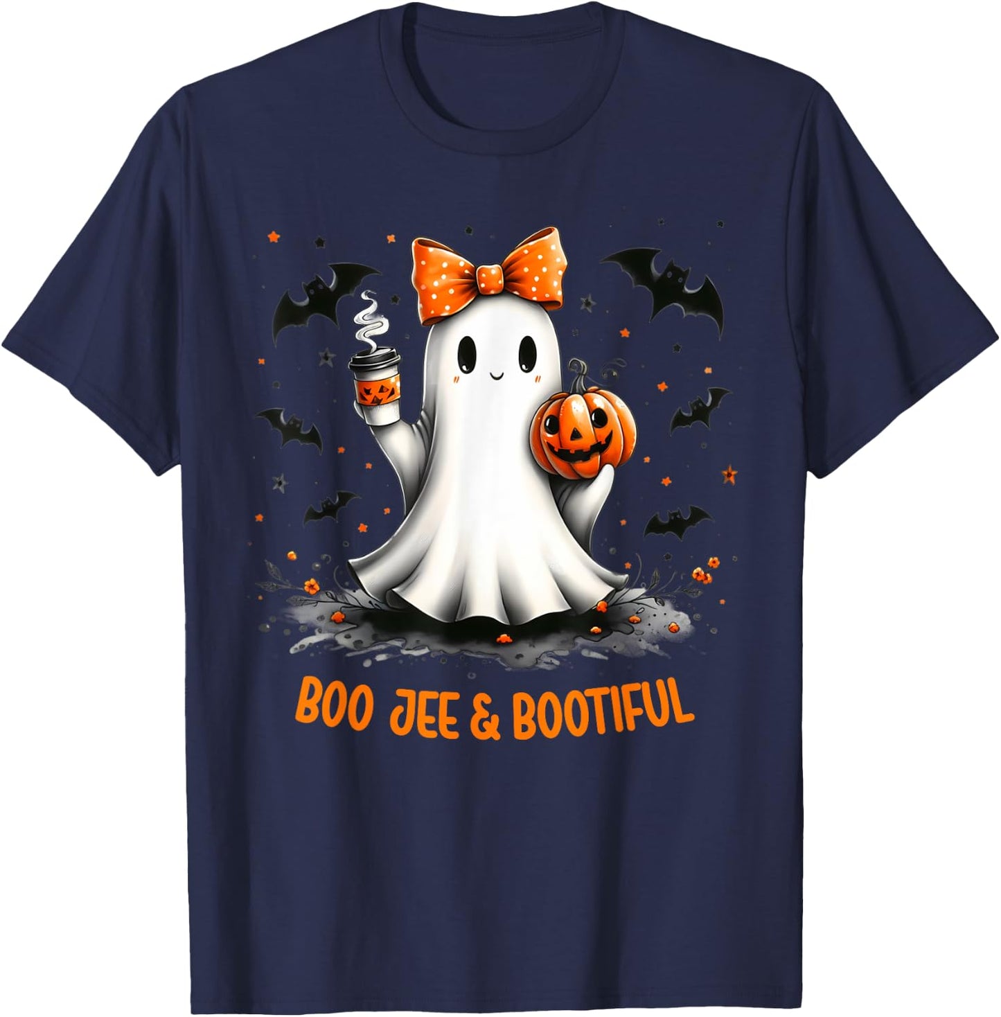 Boo Jee Ghost Drinking Coffee Coquette Bow Halloween Women T-Shirt - T-Shirt | Navy