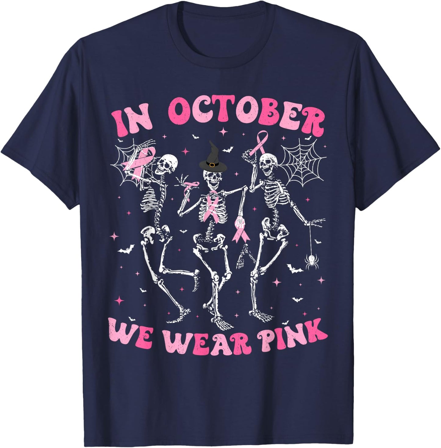 In October We Wear Pink Halloween Breast Cancer Skeleton T-Shirt - T-Shirt | Navy