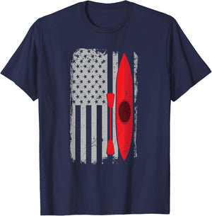 American Flag Kayak -Distressed USA Outrigger Canoe Kayaking T-Shirt - T-Shirt | Navy
