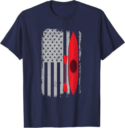 American Flag Kayak -Distressed USA Outrigger Canoe Kayaking T-Shirt - T-Shirt | Navy