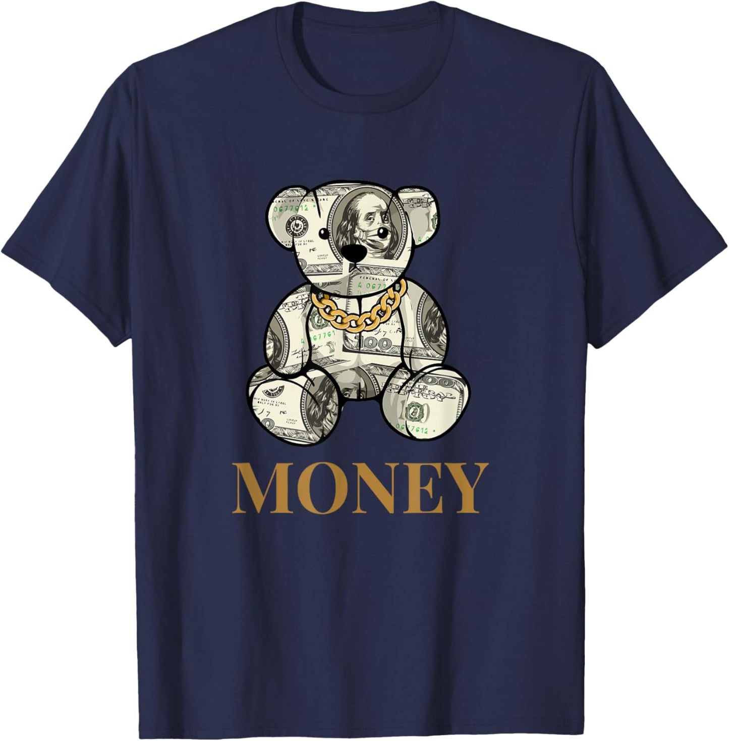 Cool Rich Teddy Bear with Money Illustration Graphic Designs T-Shirt - T-Shirt | Navy
