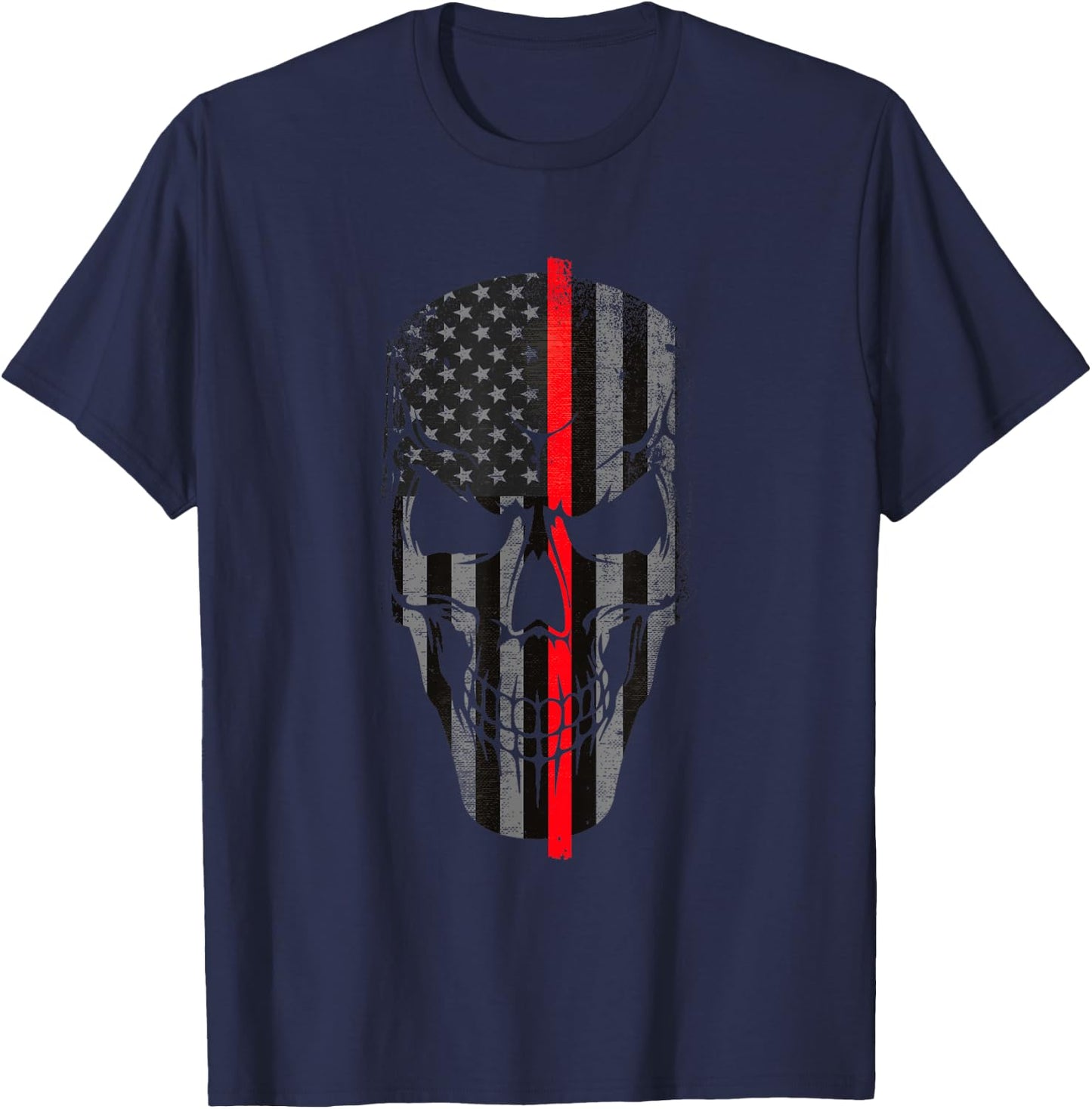 Thin Red Line Firefighter American Flag Skull T-Shirt - T-Shirt | Navy