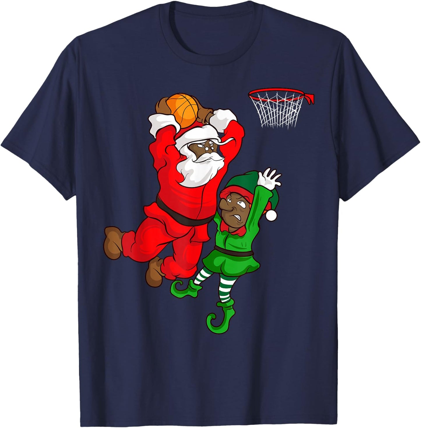 Basketball Black African American Santa Claus Dunk Elf T-Shirt - T-Shirt | Navy