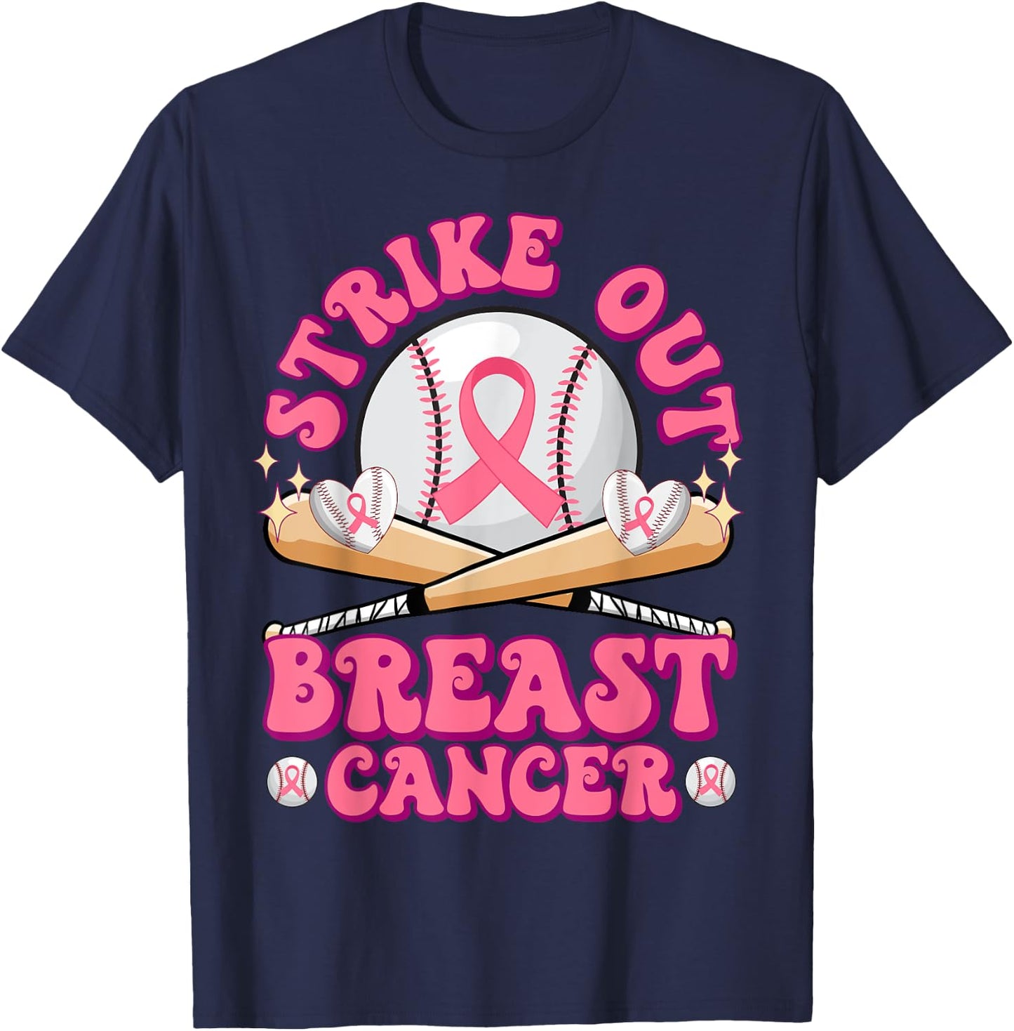 Strike Out Breast Cancer Awareness Pink October Baseball T-Shirt - T-Shirt | Navy