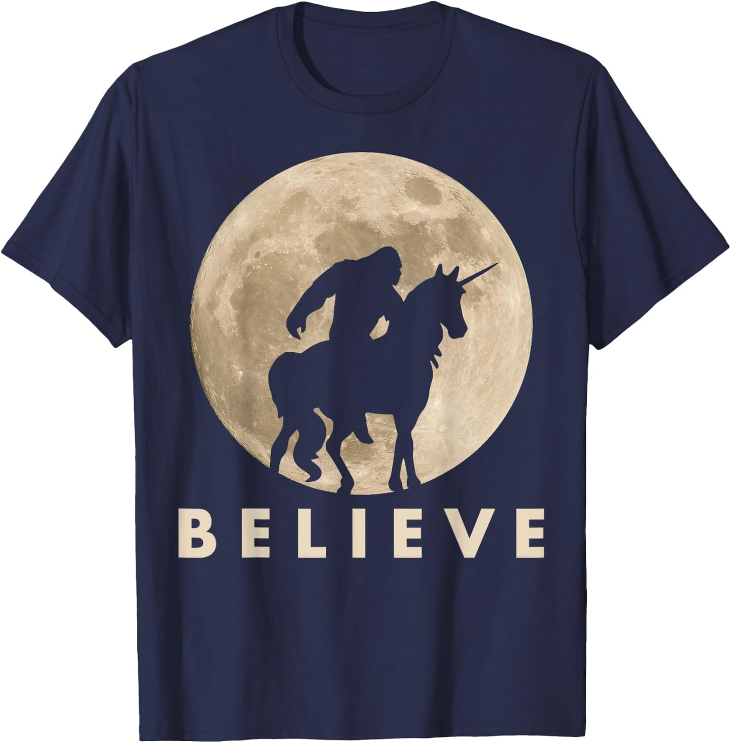 Bigfoot Riding a Unicorn Against a Full Moon Shirt, Believe! T-Shirt - T-Shirt | Navy