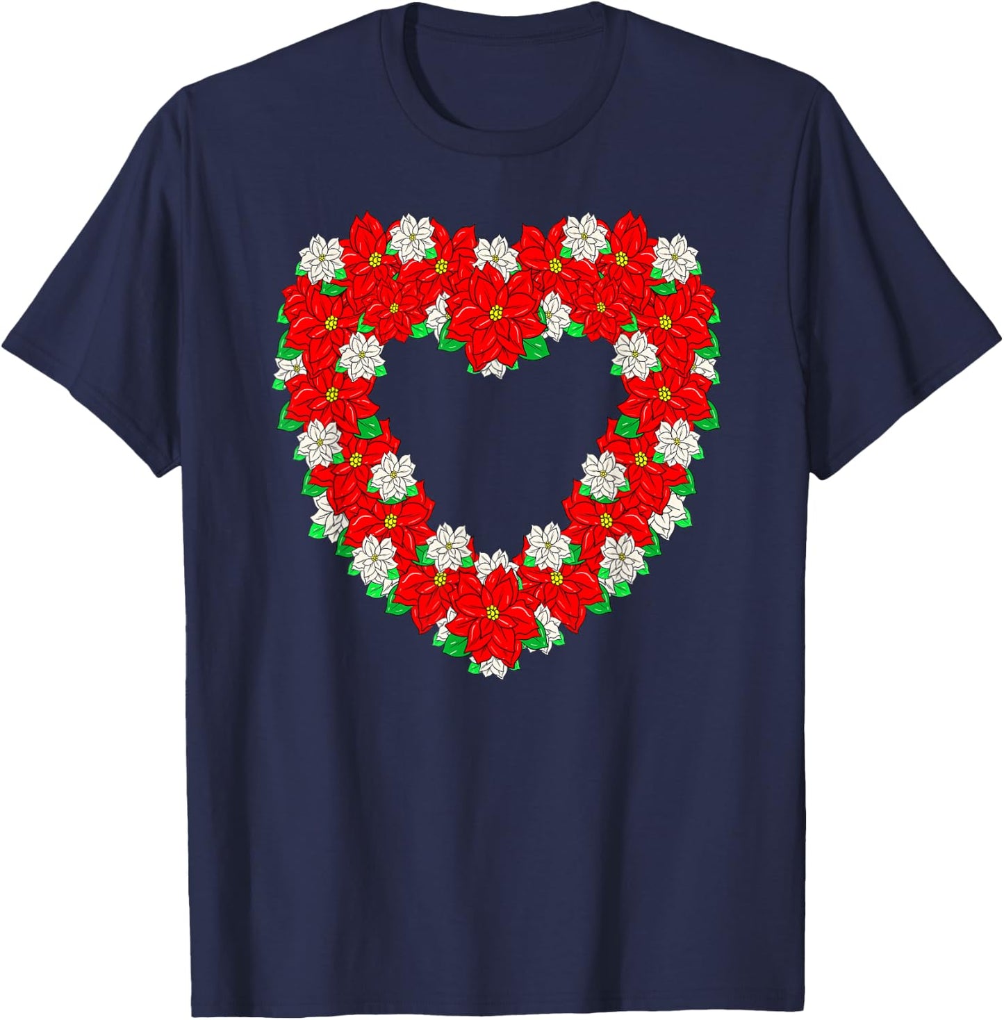 Pretty Poinsettia Christmas Flower Heart Wreath Cute T-Shirt - T-Shirt | Navy