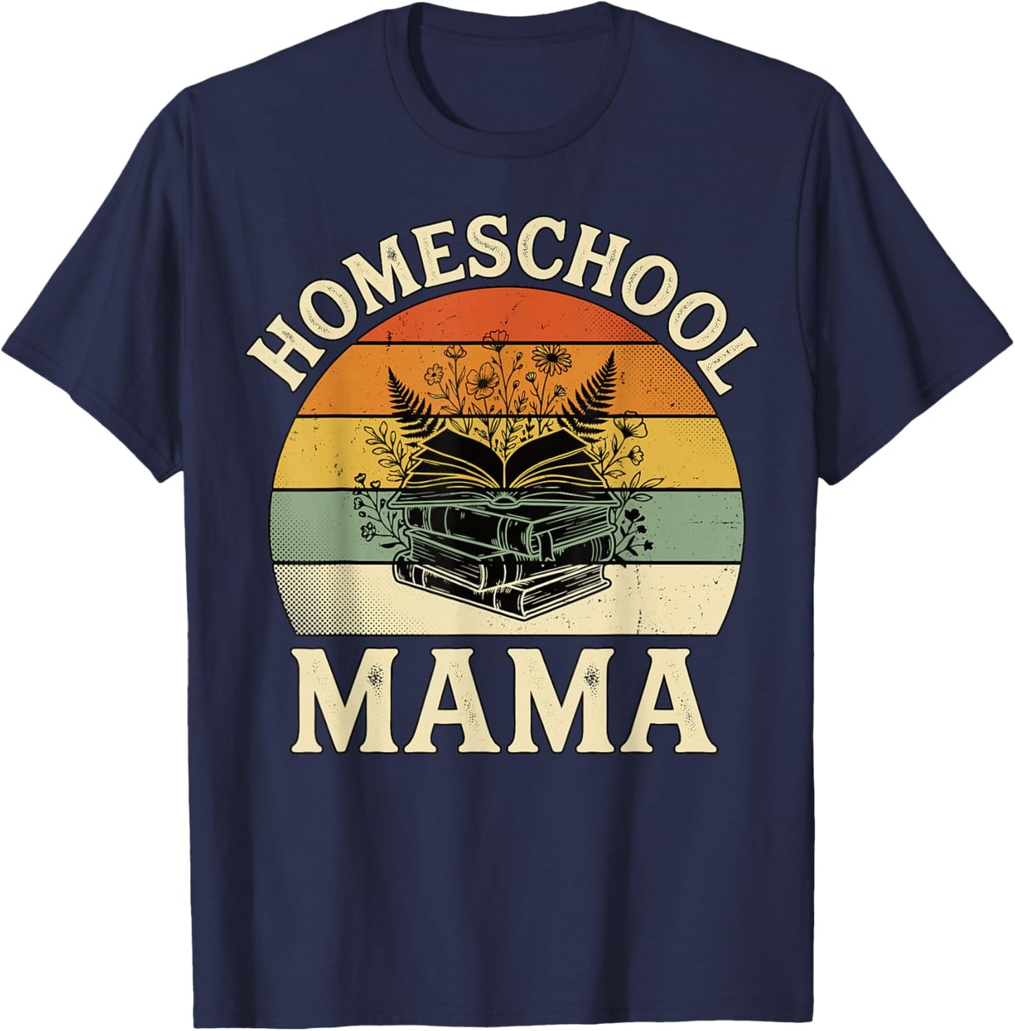 Retro Floral Homeschool Mama Wildflower Book Stack Aesthetic T-Shirt - T-Shirt | Navy