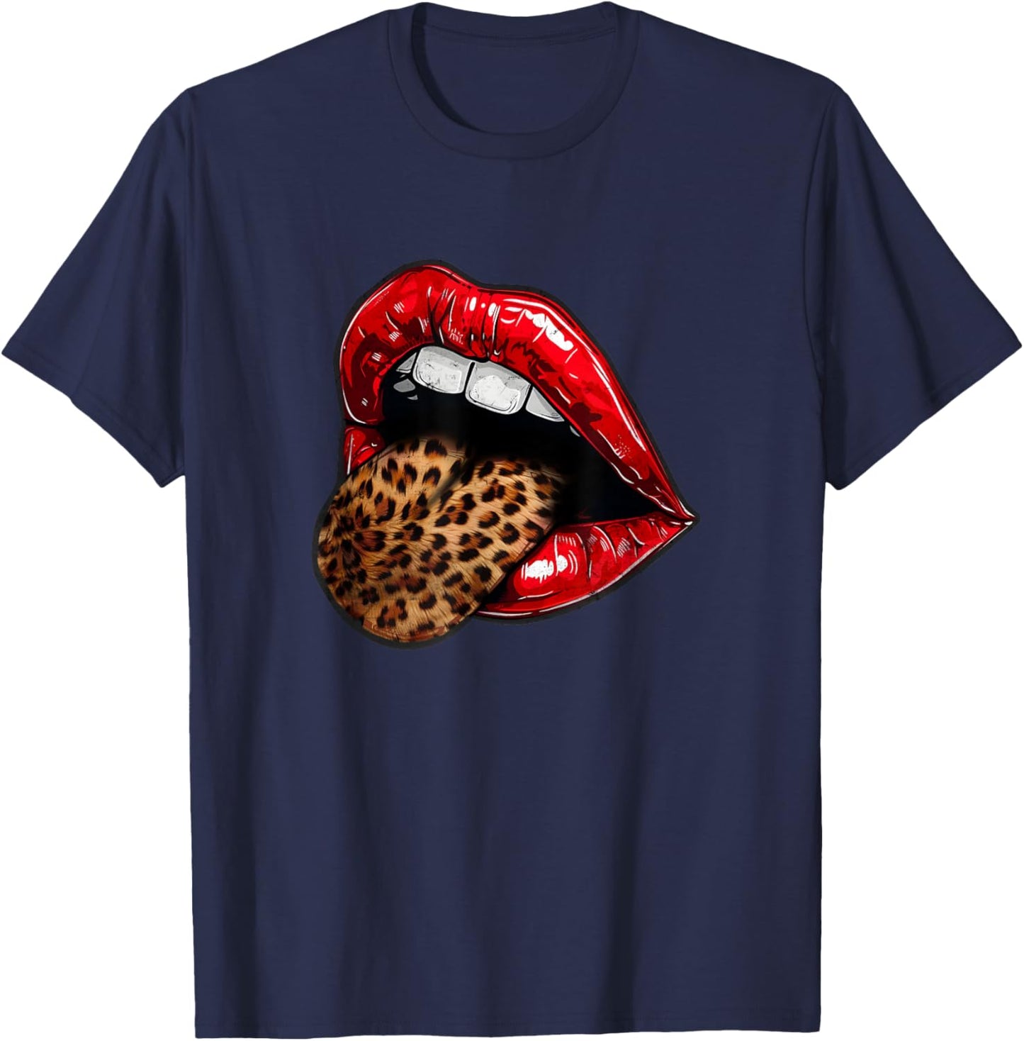 Red Lips Leopard Tongue - Vintage Animal Print Graphic T-Shirt - T-Shirt | Navy