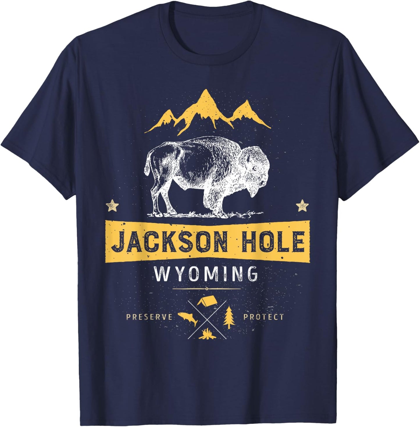 Jackson Hole T Shirt Wyoming Vintage Bison Buffalo Men Women T-Shirt - T-Shirt | Navy