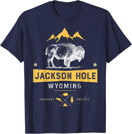 Jackson Hole T Shirt Wyoming Vintage Bison Buffalo Men Women T-Shirt - T-Shirt | Navy