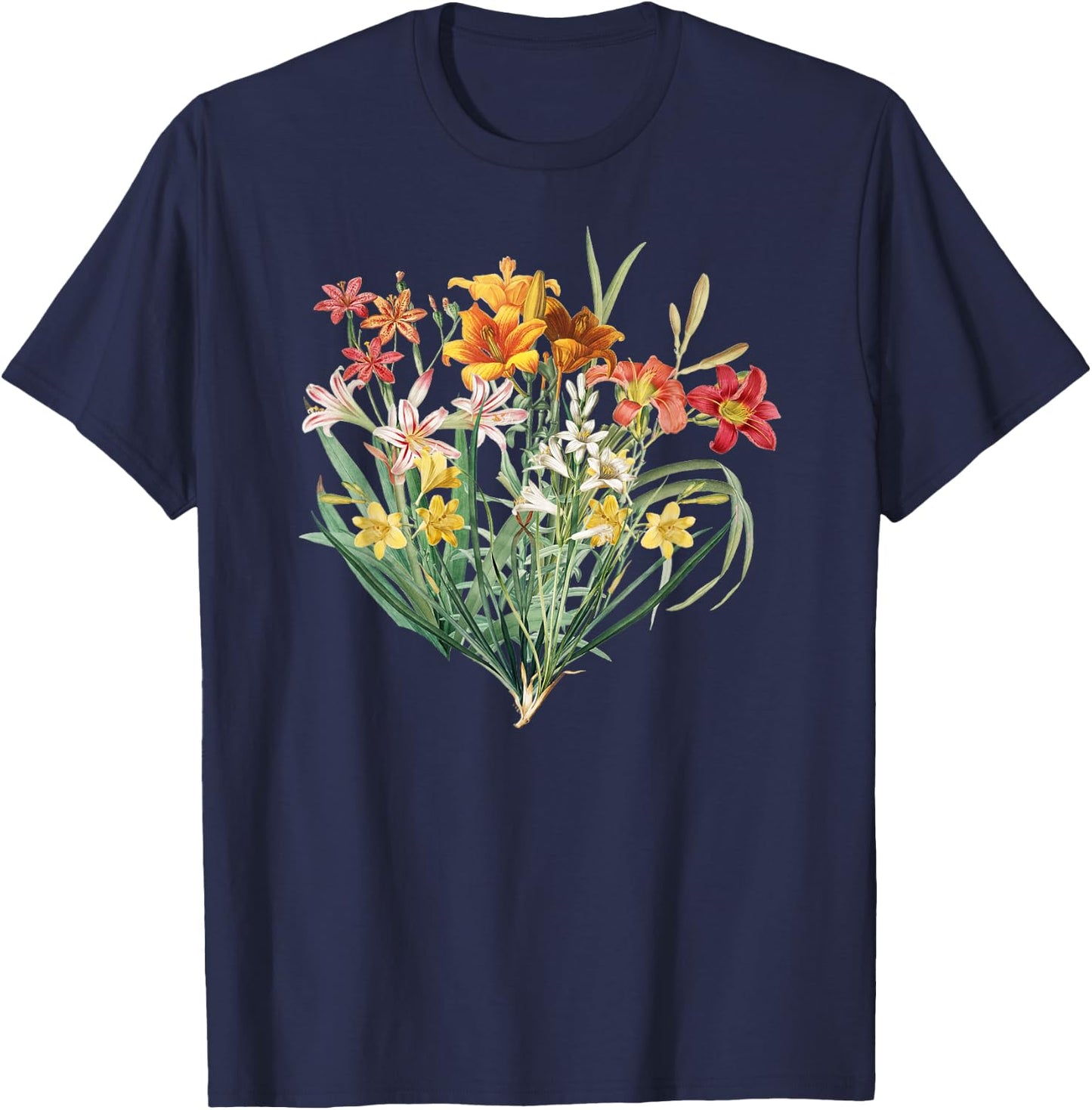 Variety of Lillies Graphic Flower Print Flowered T-Shirt - T-Shirt | Navy