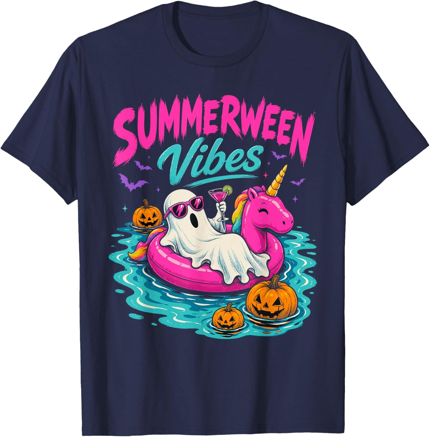 Summerween Vibes Spooky Ghost Unicorn Beach Halloween Girls T-Shirt - T-Shirt | Navy