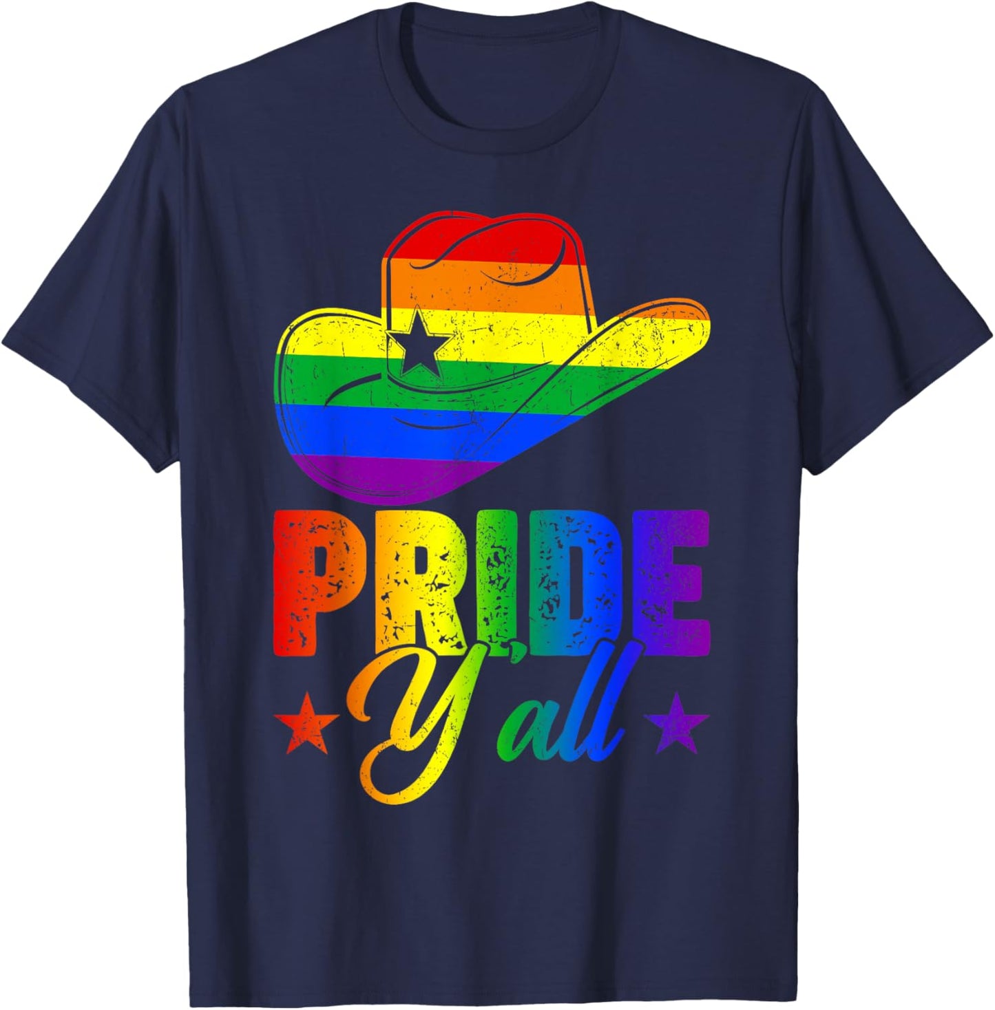 Retro Pride Y'all Cowboy Hat Rainbow Flag Gay Pride LGBT T-Shirt - T-Shirt | Navy