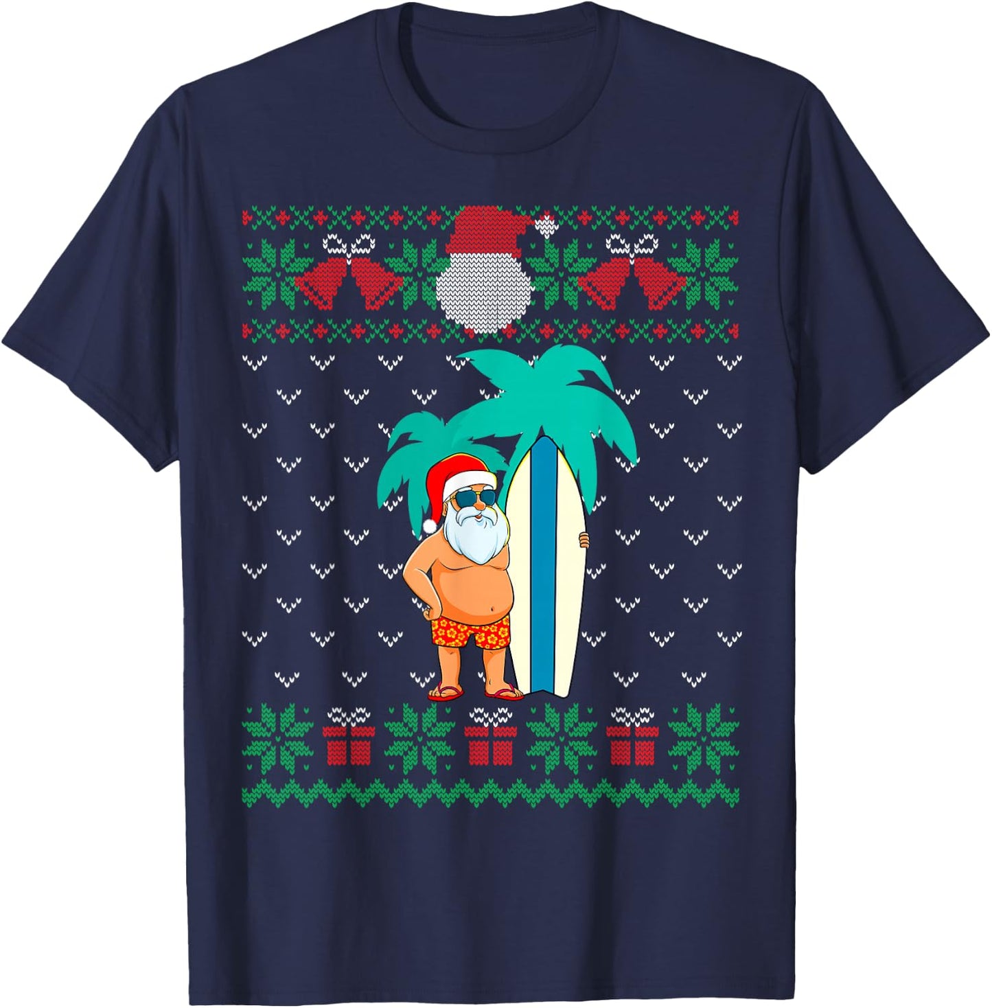 Christmas in July, Summer Santa Ugly Xmas Sweater Tropical T-Shirt - T-Shirt | Navy