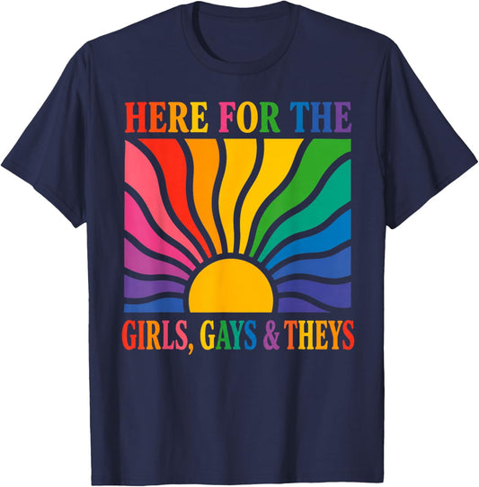 Here for The Girls Gays and Theys Vintage LGBTQ Ally T-Shirt - T-Shirt | Navy